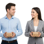 Businessman and Businesswoman Holding Gift Boxes Transparent Background