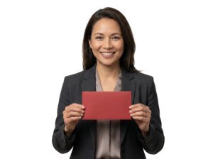 Businesswoman Holding Red Envelope Card Smiling Transparent Background