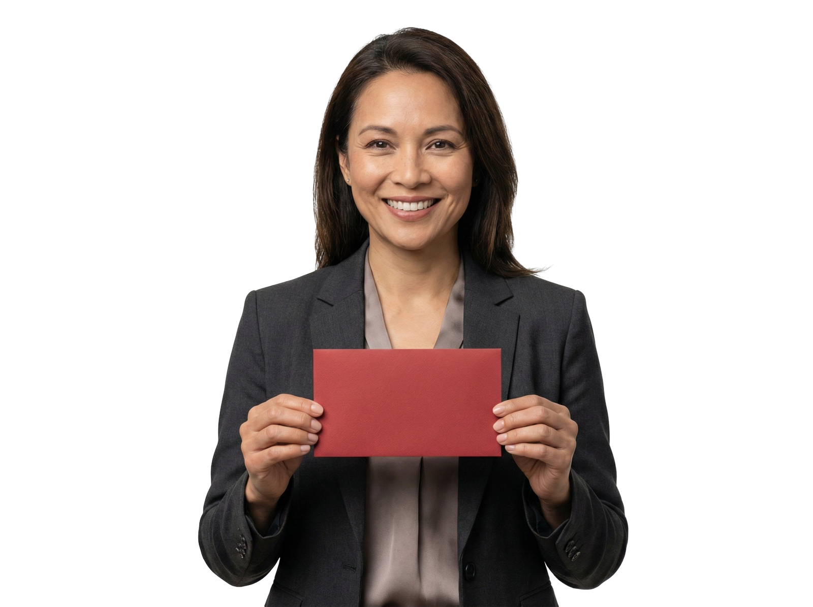 Businesswoman Holding Red Envelope Card Smiling Transparent Background