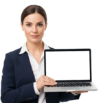 Businesswoman Showing Blank Laptop Screen Mockup Transparent Background