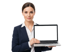 Businesswoman Showing Blank Laptop Screen Mockup Transparent Background