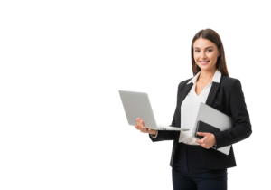 Businesswoman Walking with Laptop and Documents Transparent Background