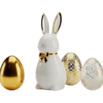 Ceramic Easter Bunny and Golden Decorated Eggs Transparent Background
