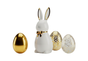 Ceramic Easter Bunny and Golden Decorated Eggs Transparent Background
