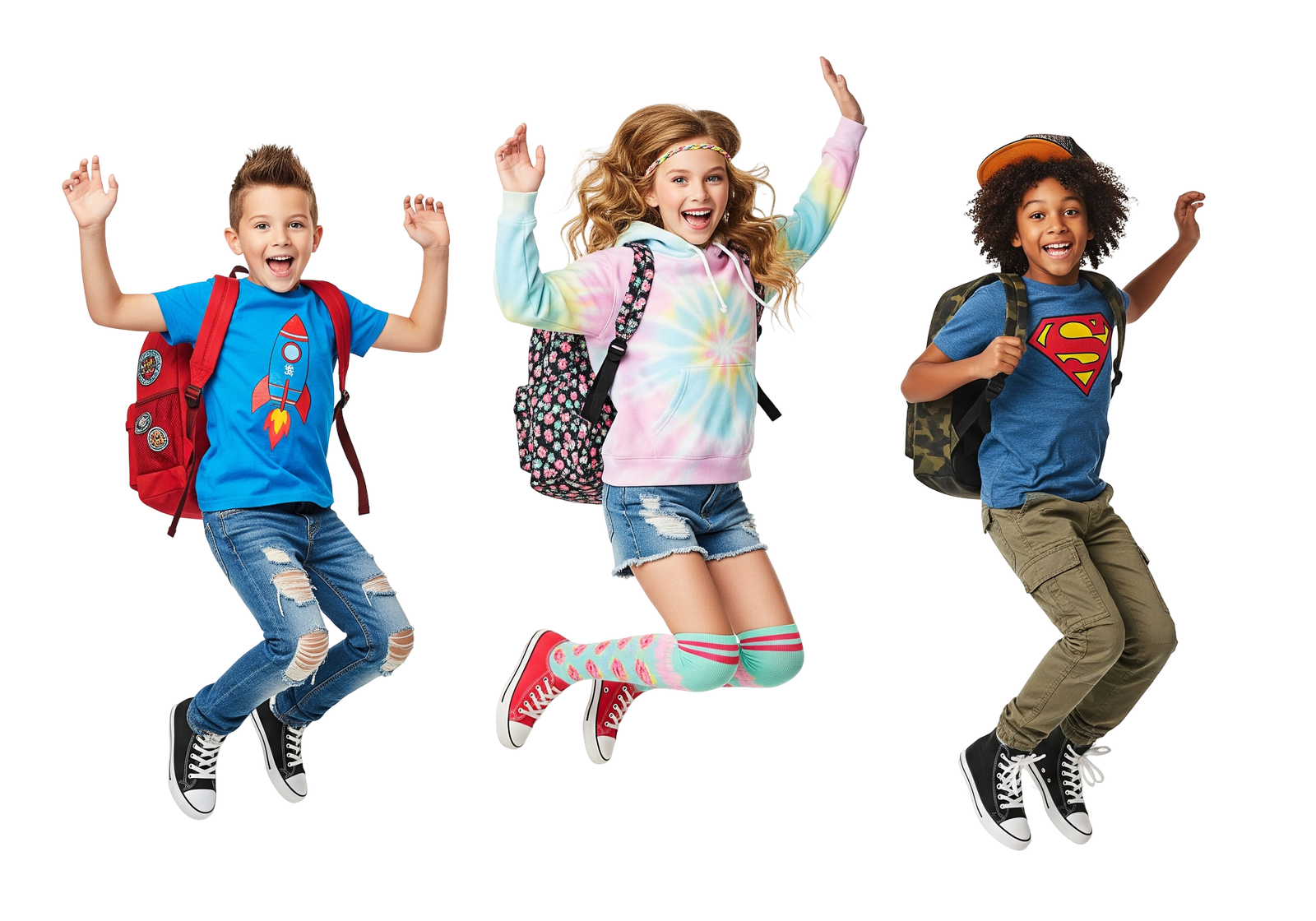Cheerful Kids Jumping for Joy Carrying School Backpacks