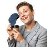 Cheerful Man Holding Coffee Cup and Winking Transparent Background