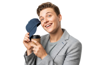 Cheerful Man Holding Coffee Cup and Winking Transparent Background