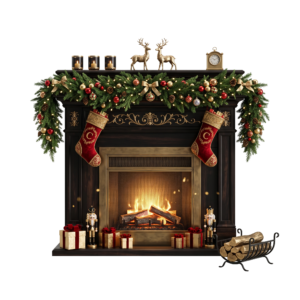Christmas Fireplace Decorated Garland Stockings