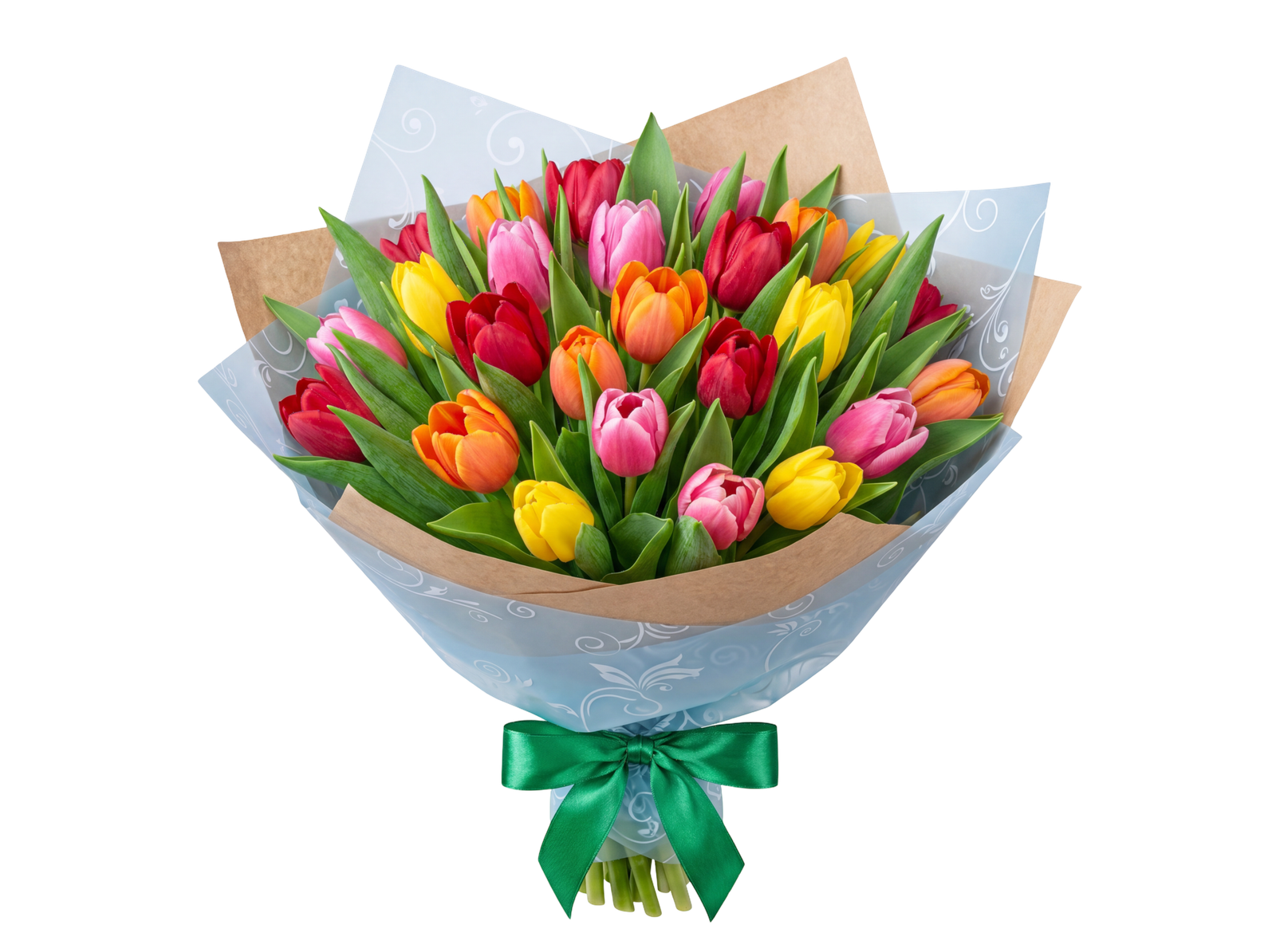 Colorful Tulips Flower Bouquet Wrapped in Paper Transparent Background