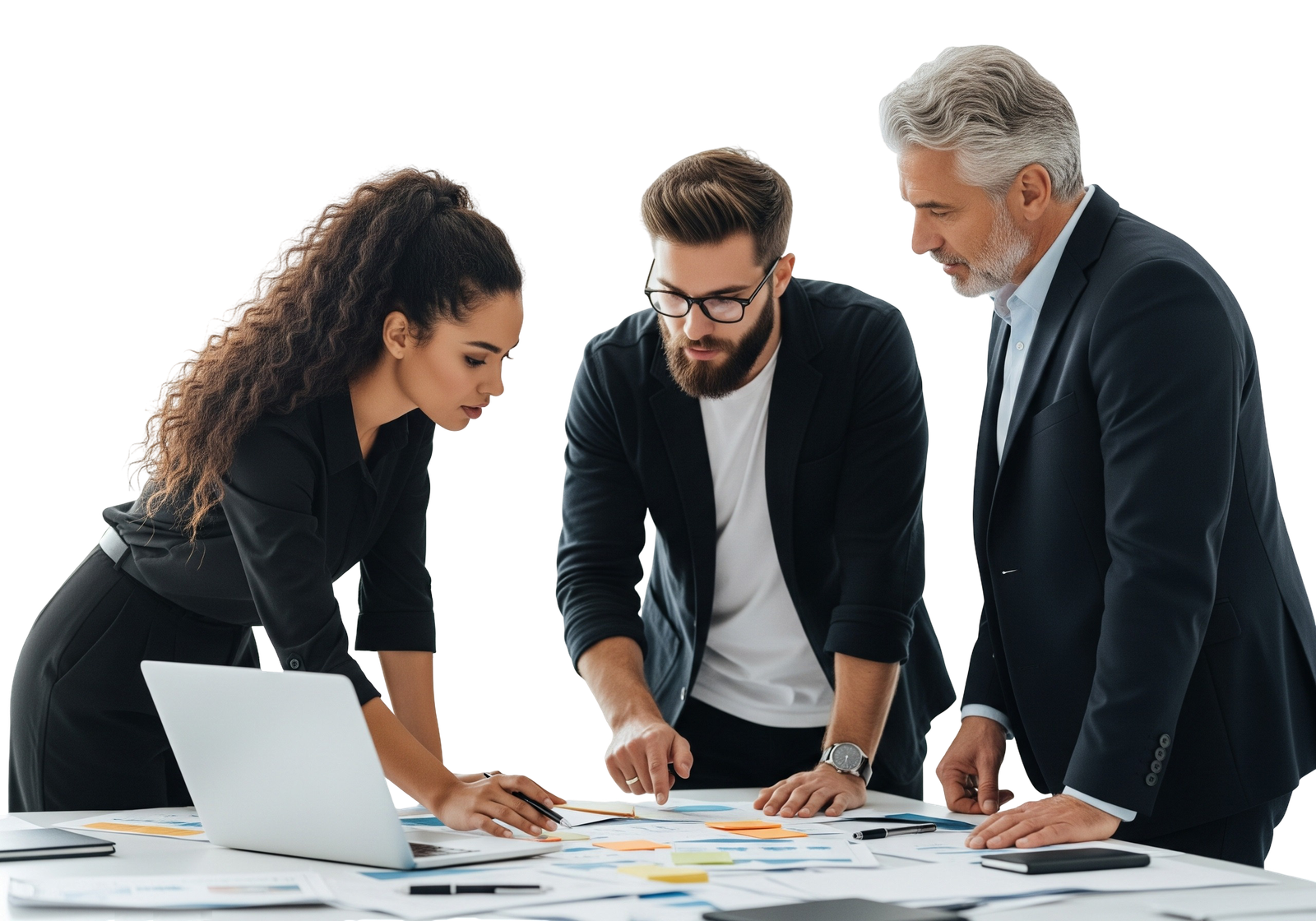 Corporate Business Team Collaborating Around Table with Documents and Laptop