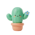 Cute 3D Clay Cactus Plant in Pot Transparent Background