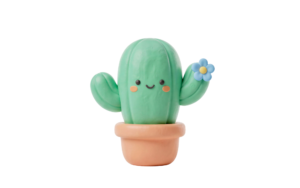 Cute 3D Clay Cactus Plant in Pot Transparent Background