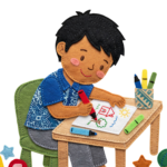 Cute Boy Sitting at Desk Drawing Picture Transparent Background