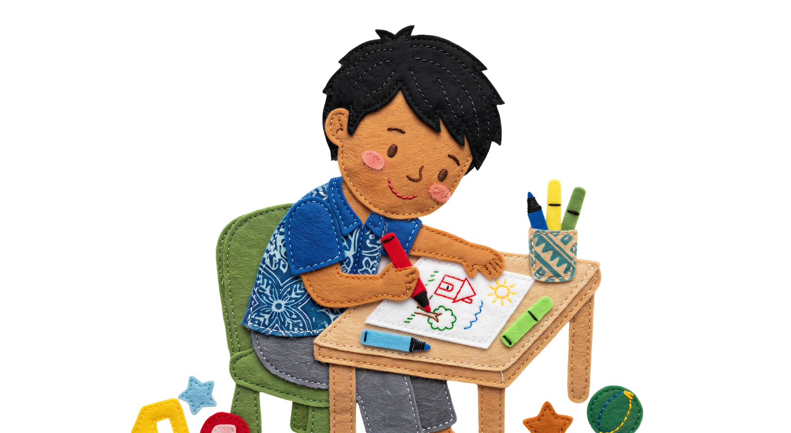 Cute Boy Sitting at Desk Drawing Picture Transparent Background