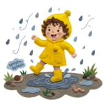Cute Boy Walking in Rain with Yellow Raincoat Transparent Background