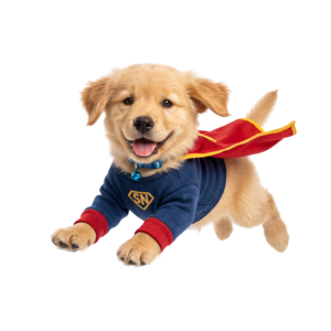 Cute Golden Retriever Puppy In Superhero Costume Isolated