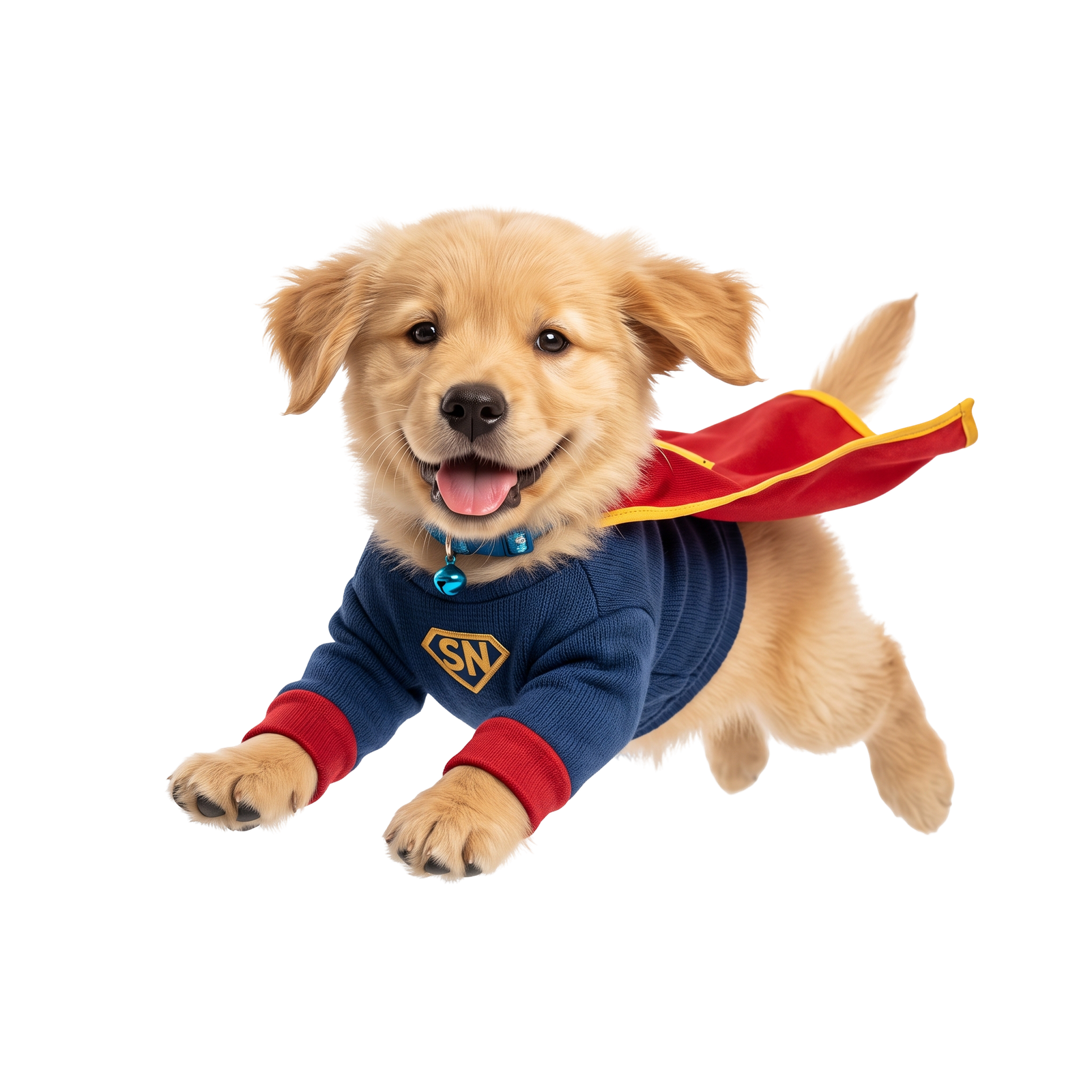 Cute Golden Retriever Puppy In Superhero Costume Isolated