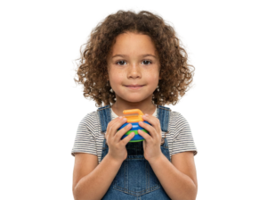 Cute Little Girl Holding Colorful Ball Smiling Transparent Background