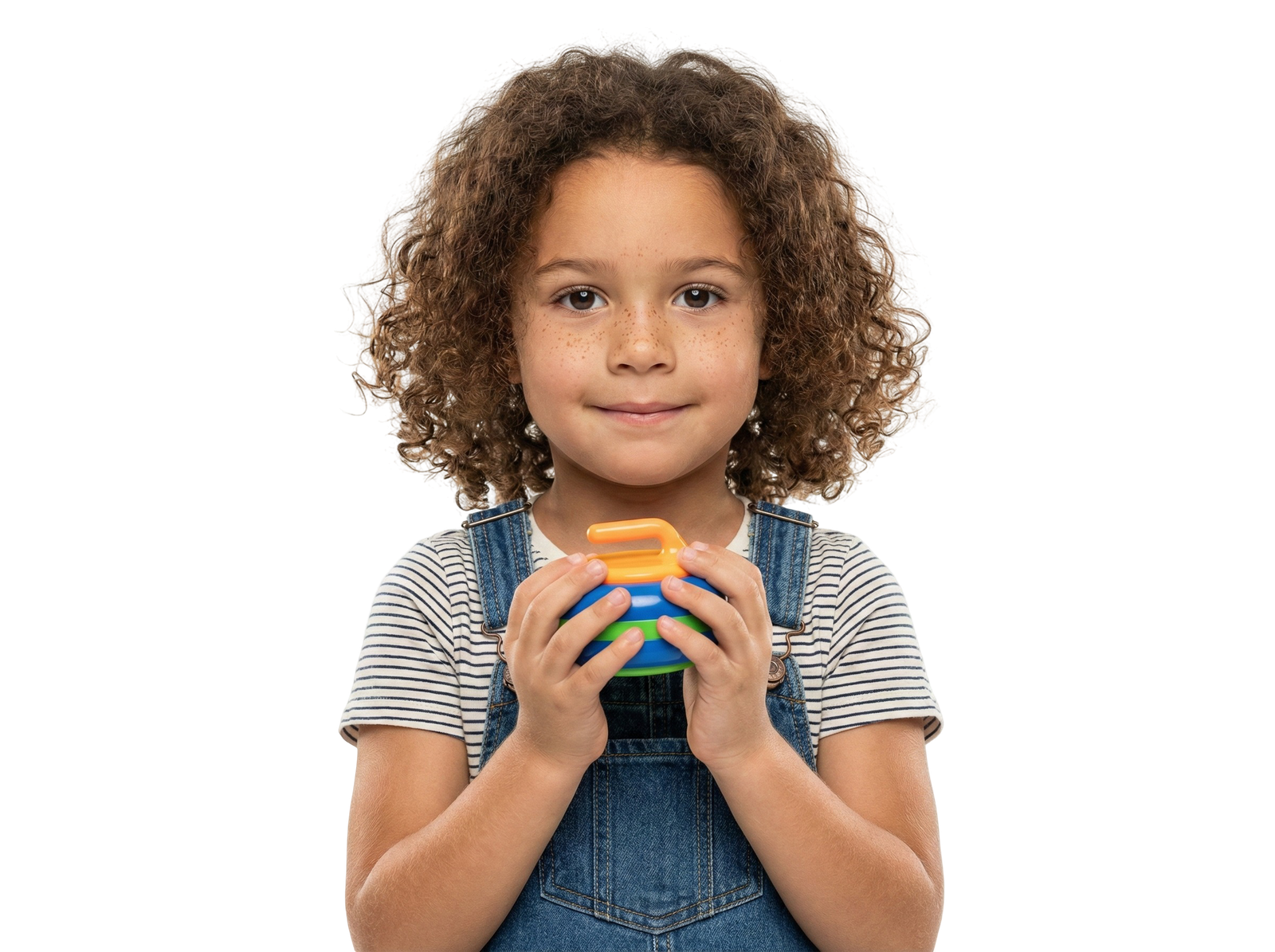Cute Little Girl Holding Colorful Ball Smiling Transparent Background