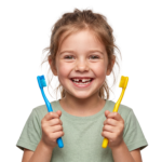 Cute Little Girl Holding Two Toothbrushes Smiling Transparent Background