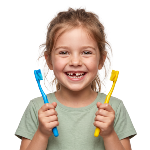 Cute Little Girl Holding Two Toothbrushes Smiling Transparent Background