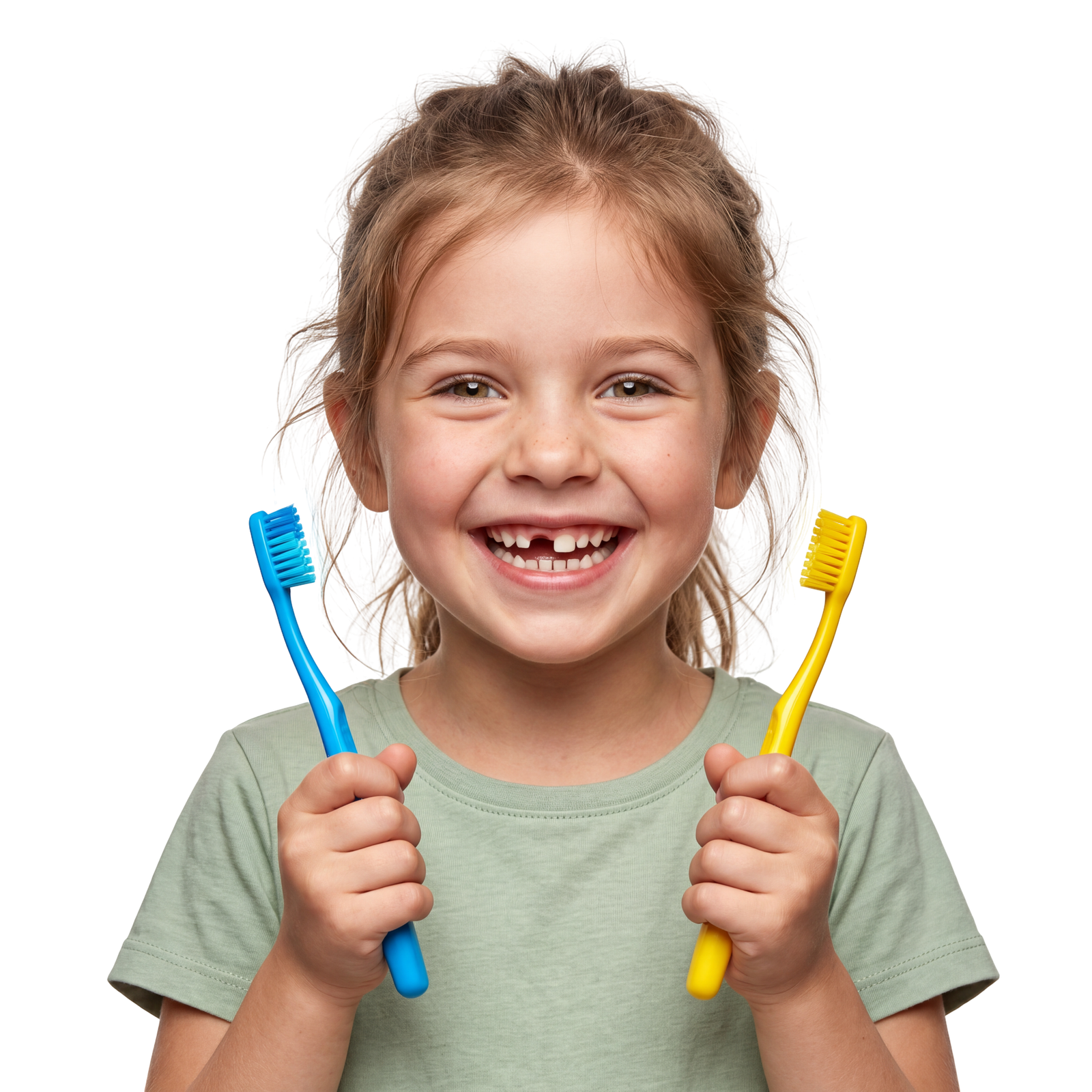 Cute Little Girl Holding Two Toothbrushes Smiling Transparent Background