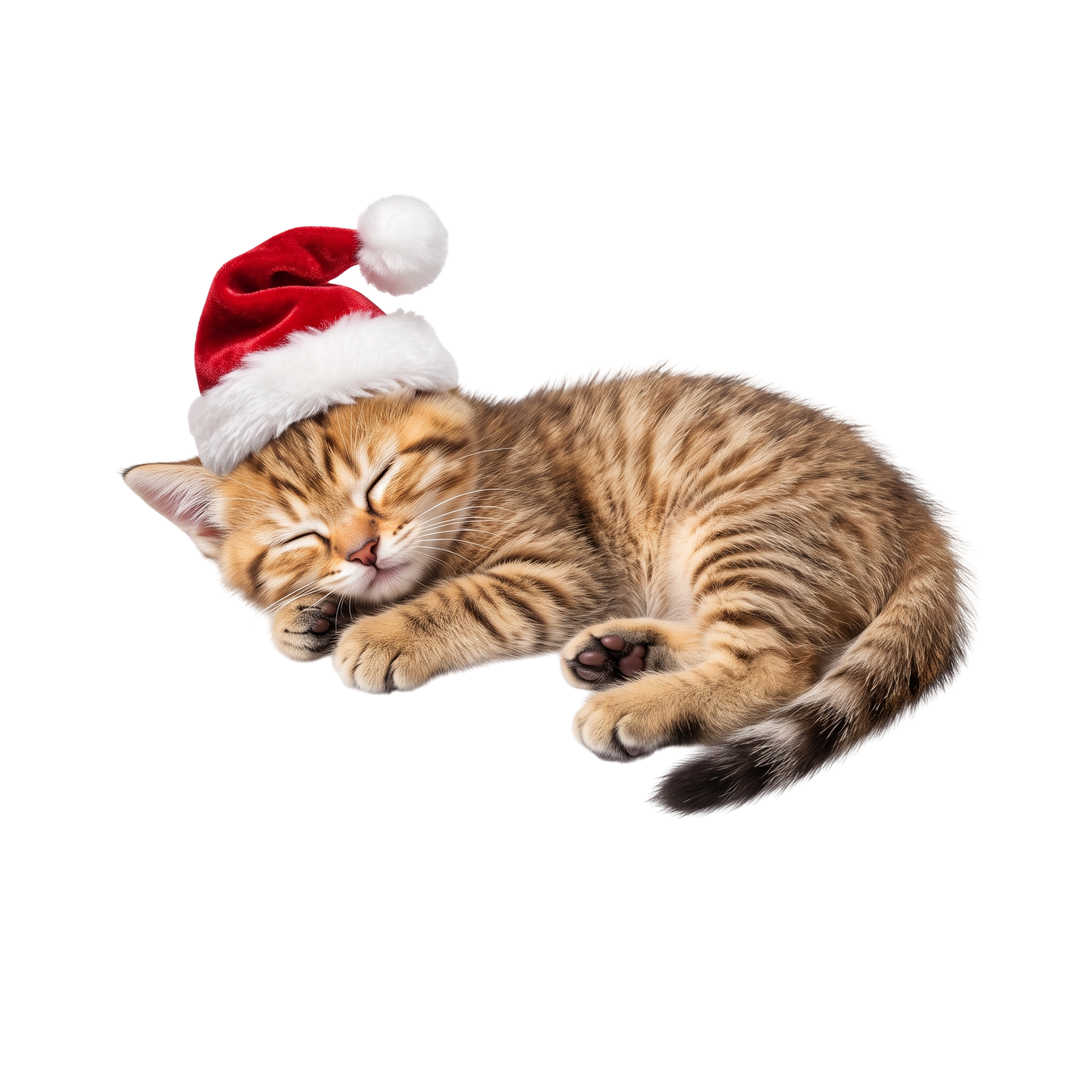 Cute Tabby Kitten Sleeping With Santa Hat Isolated