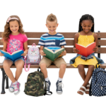 Diverse Children Sitting on Park Bench Reading Books Together