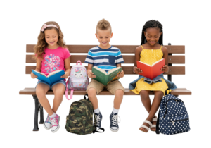Diverse Children Sitting on Park Bench Reading Books Together