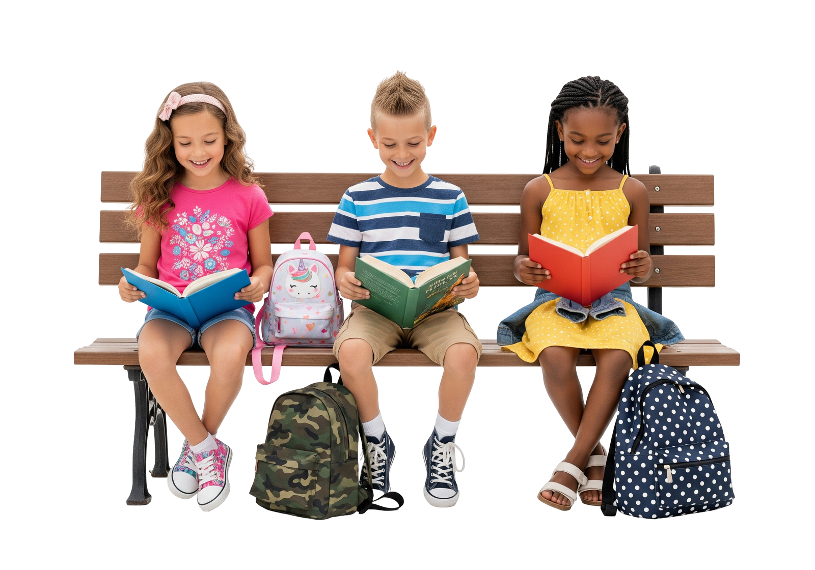 Diverse Children Sitting on Park Bench Reading Books Together