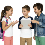 Diverse Children Students Talking and Using Digital Tablet