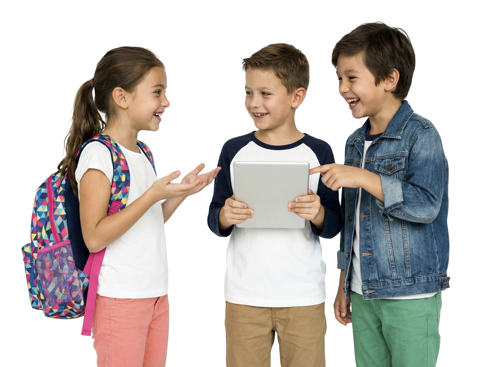 Diverse Children Students Talking and Using Digital Tablet