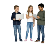 Diverse Group of Kids Standing and Using Laptop and Digital Tablet