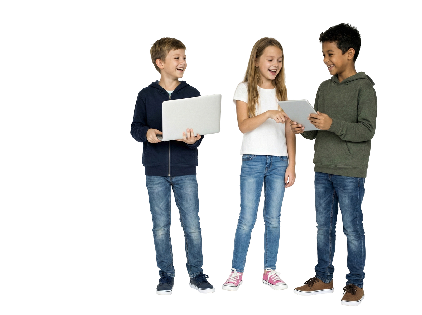 Diverse Group of Kids Standing and Using Laptop and Digital Tablet