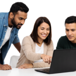 Diverse Team Collaborating on Laptop at White Desk