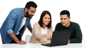 Diverse Team Collaborating on Laptop at White Desk