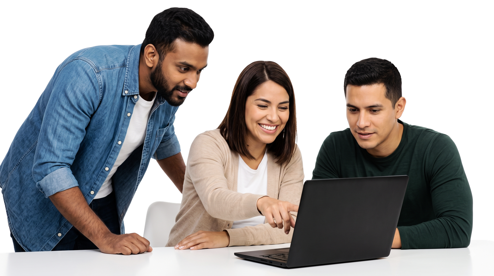 Diverse Team Collaborating on Laptop at White Desk