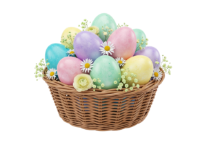 Easter Eggs Basket with Spring Flowers Transparent Background
