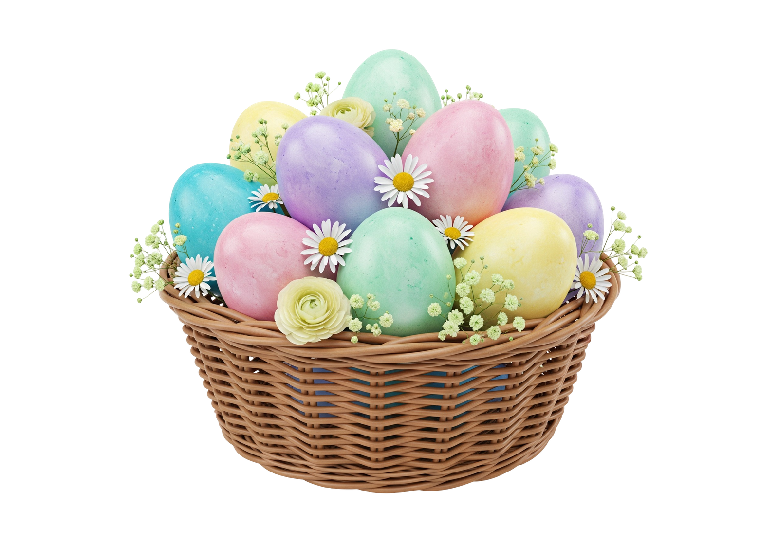 Easter Eggs Basket with Spring Flowers Transparent Background