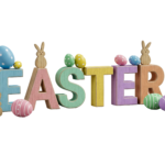 Easter Wooden Text with Eggs and Bunnies Isolated