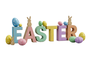 Easter Wooden Text with Eggs and Bunnies Isolated