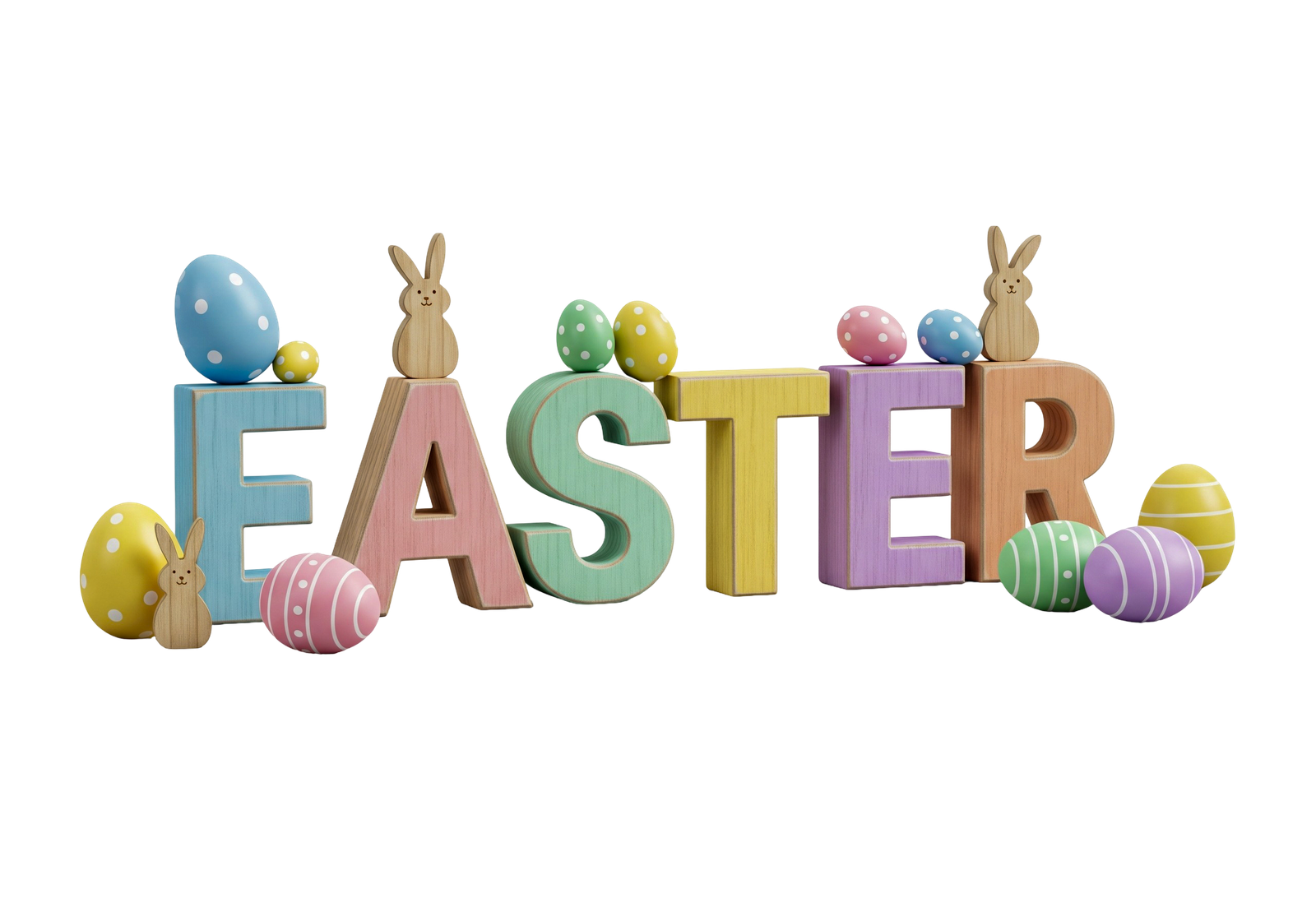 Easter Wooden Text with Eggs and Bunnies Isolated