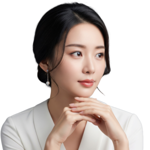 Elegant Asian Woman Resting Chin on Hands Portrait Transparent Background