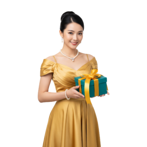 Elegant Asian Woman in Golden Dress Holding Gift Box Transparent Background
