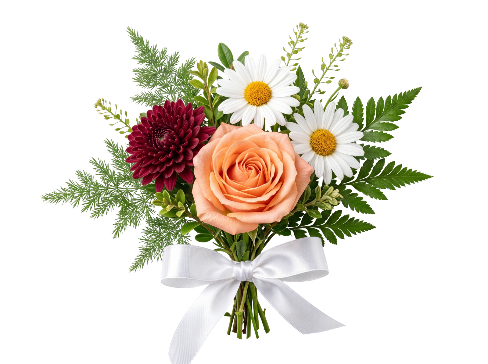 Elegant Rose and Daisy Flower Bouquet with Ribbon Transparent Background