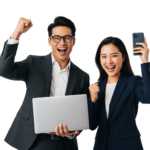 Excited Business Couple Celebrating Success with Laptop Transparent Background