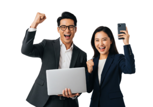Excited Business Couple Celebrating Success with Laptop Transparent Background
