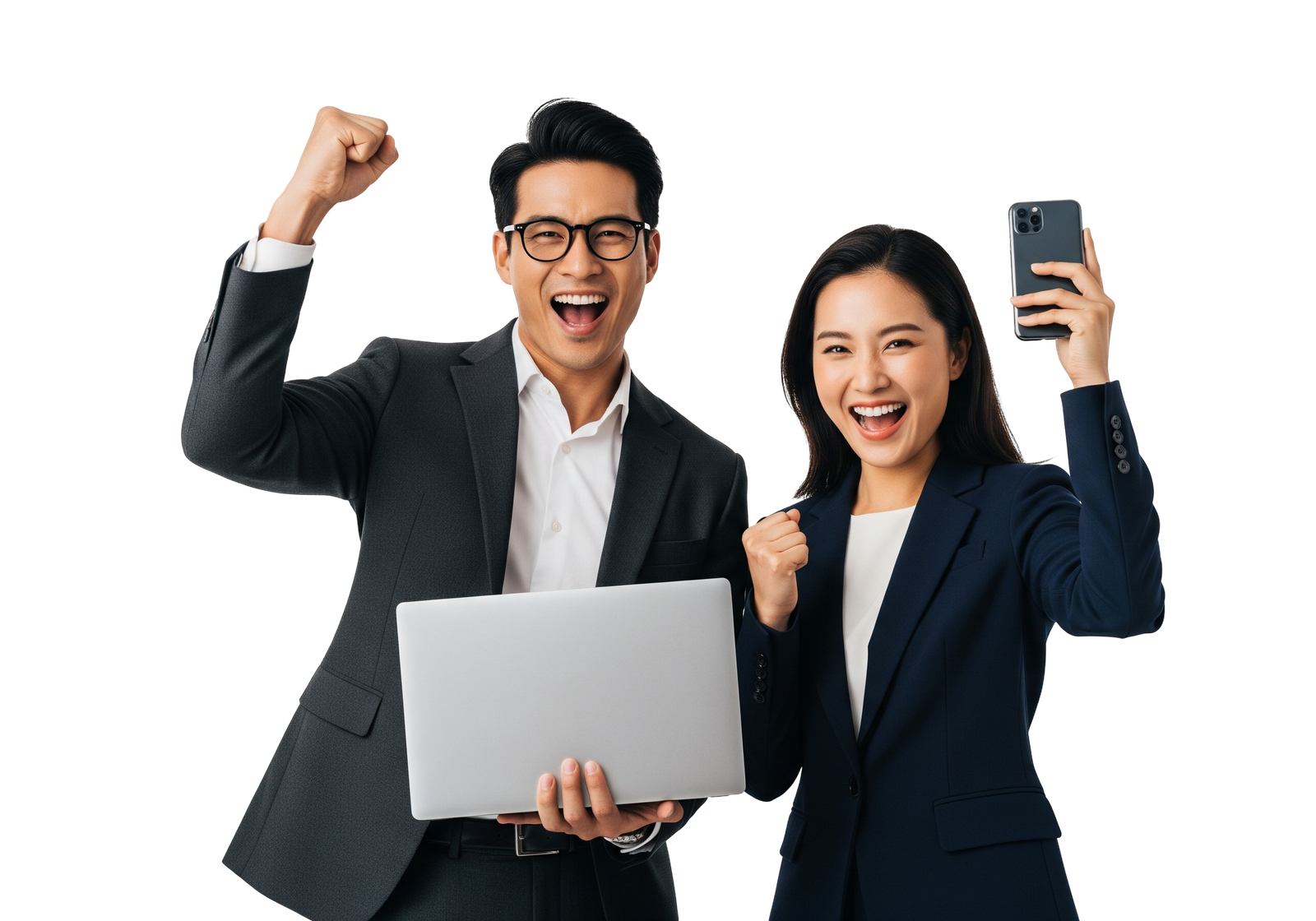 Excited Business Couple Celebrating Success with Laptop Transparent Background