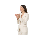 Excited Businesswoman in Suit Clapping Hands in Celebration