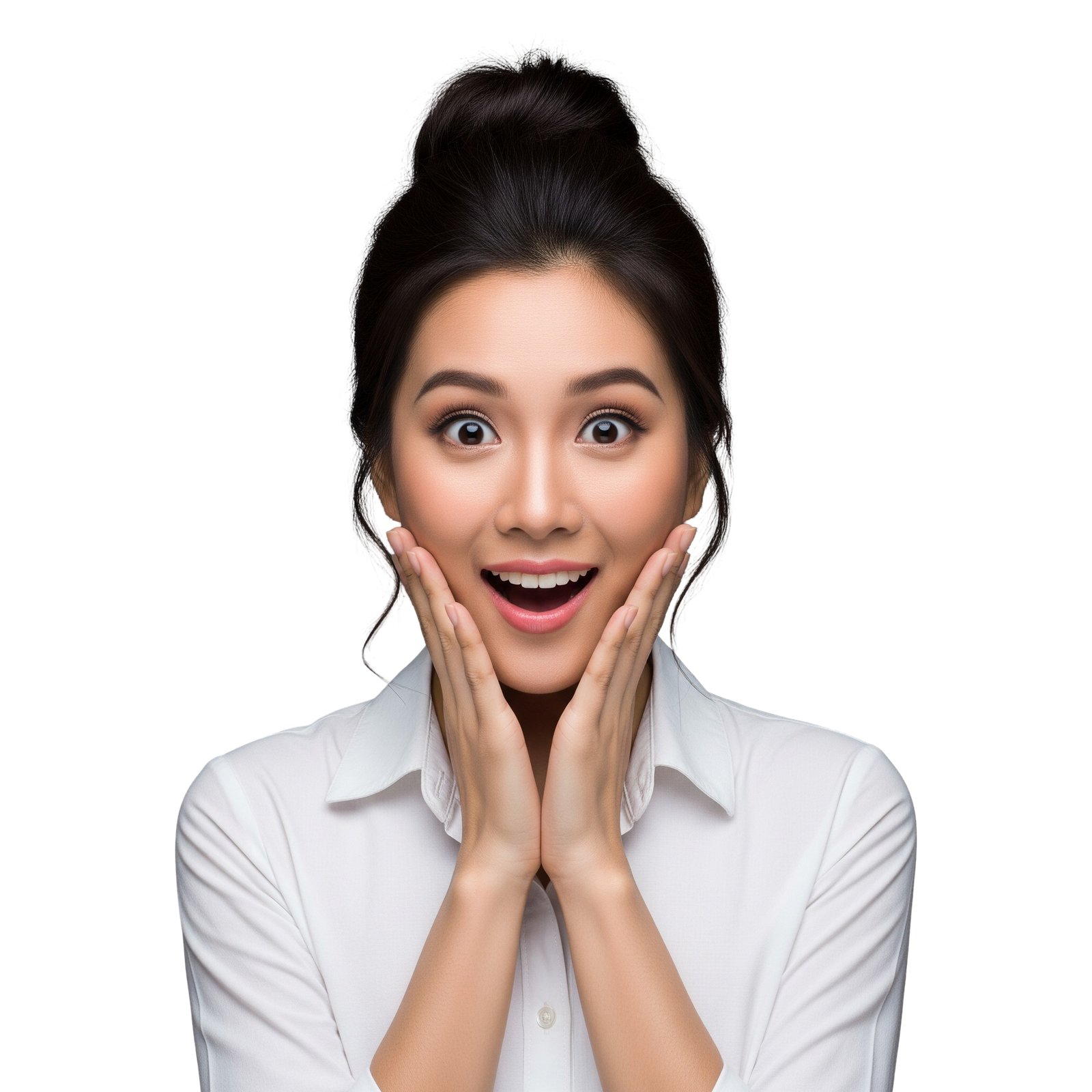 Excited Surprised Asian Woman Touching Face Transparent Background